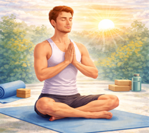 Man practicing morning yoga meditation on an empty stomach