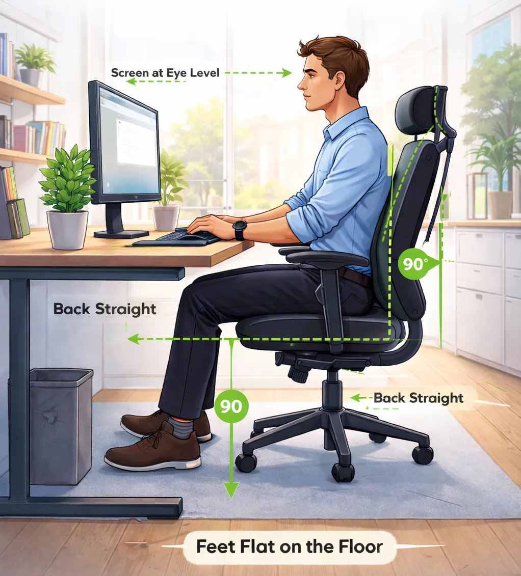 Proper desk ergonomics showing correct screen, keyboard, and mouse positioning