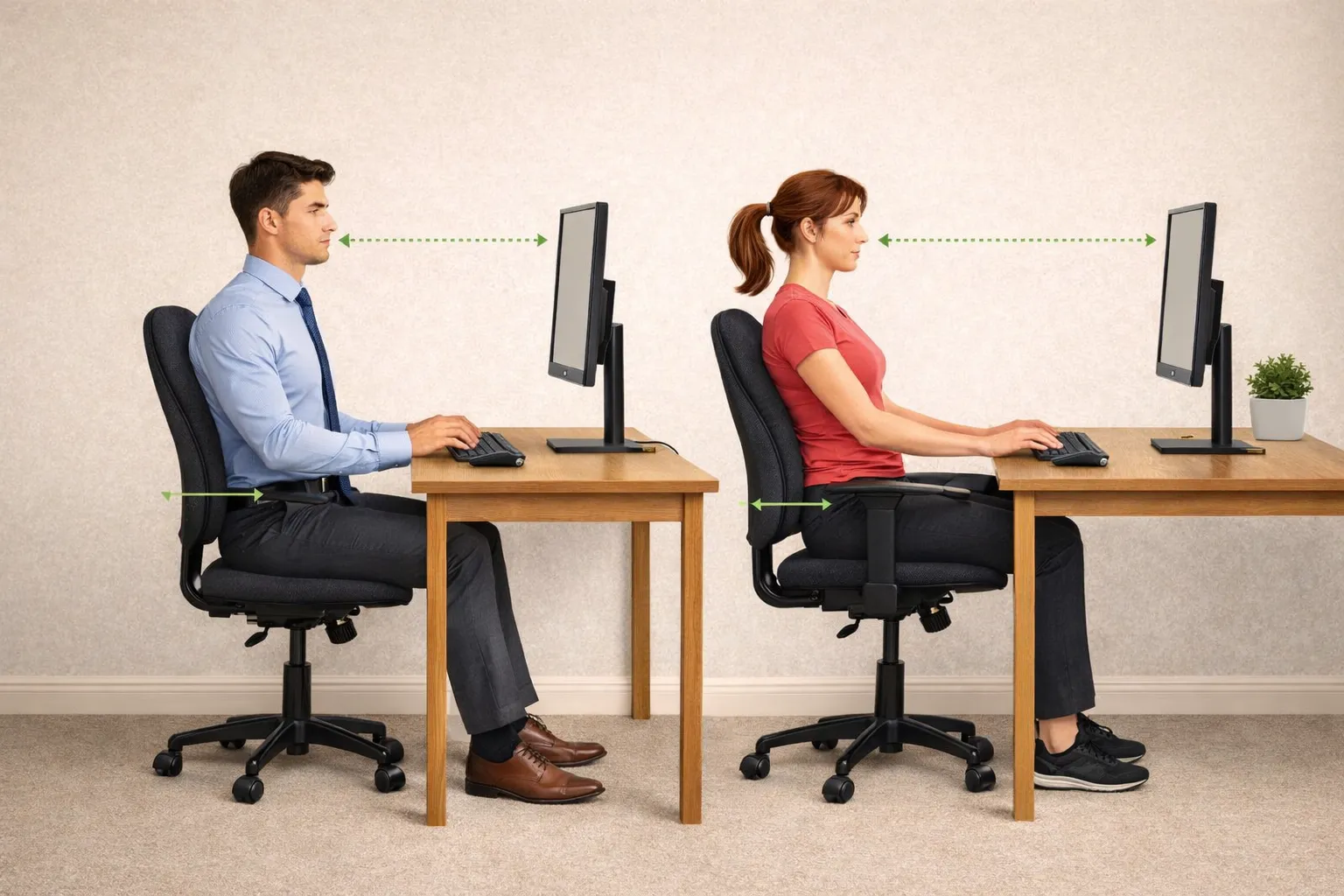 Correct sitting posture at desk for office workers