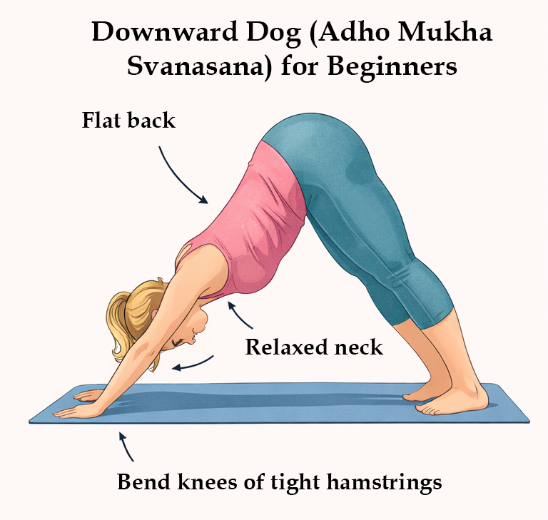Downward Dog yoga pose showing correct spinal alignment for beginners