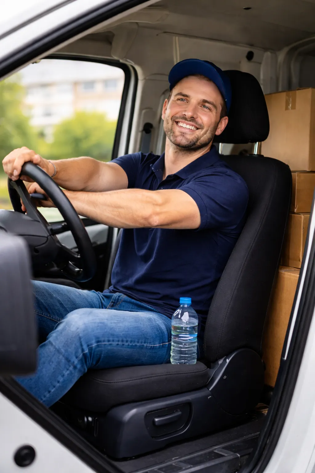 Driver sitting in a vehicle with correct driving posture, showing proper seat position and steering wheel alignment.
