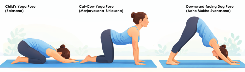Beginner yoga poses including Child’s Pose, Cat–Cow Stretch, and Downward-Facing Dog for back relief and spinal flexibility
