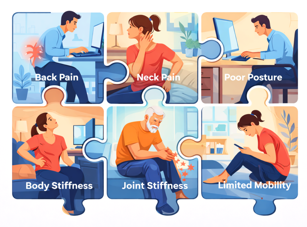 Common physical problems like back pain, poor posture, stiffness, and limited mobility from sedentary lifestyle