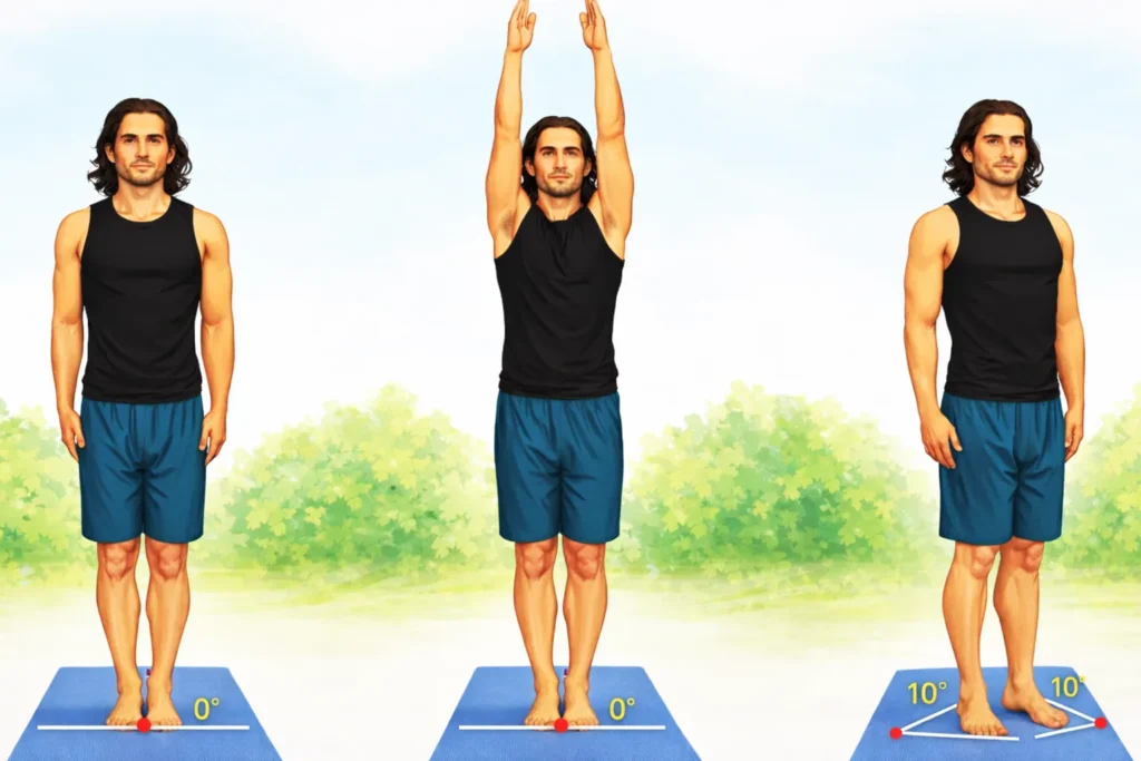 Mountain Pose Tadasana variations – basic, raised arms and heel lift