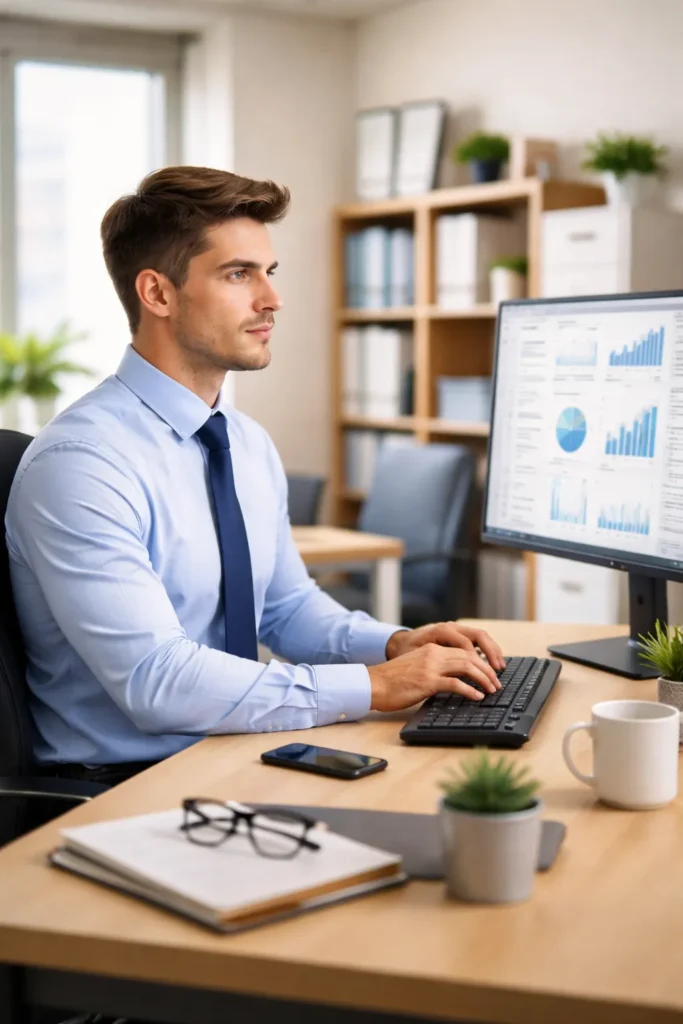 Office worker sitting with correct desk posture, showing proper screen height, back support, and keyboard alignment.