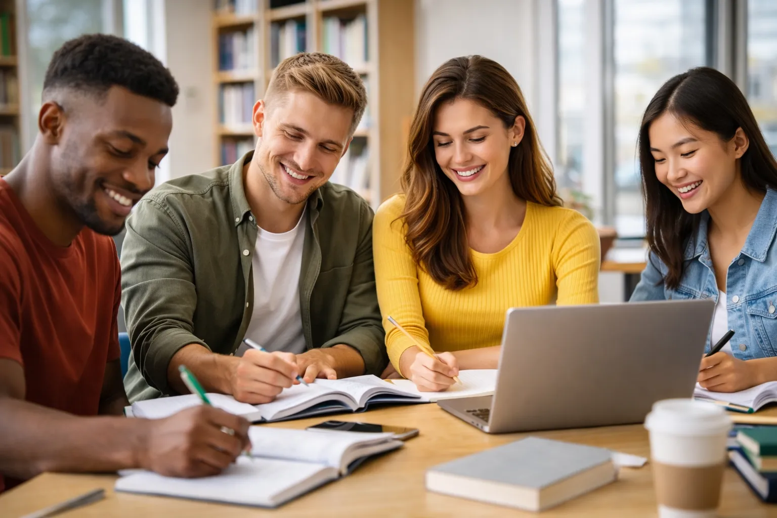 Students studying at a desk with laptops and books, showing common sitting posture during long study hours.