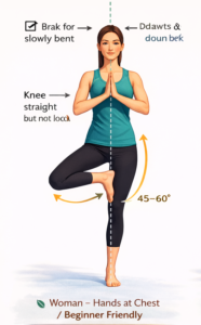 Tree Pose (Vrikshasana) Yoga for beginners with hands at chest and proper leg alignment