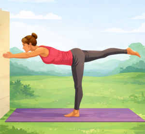 Warrior III for beginners showing Virabhadrasana III with support to improve balance and stability