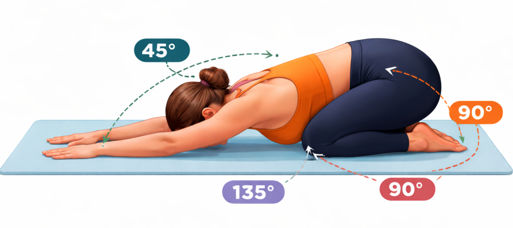 Child’s Pose (Balasana) spine alignment and posture illustration