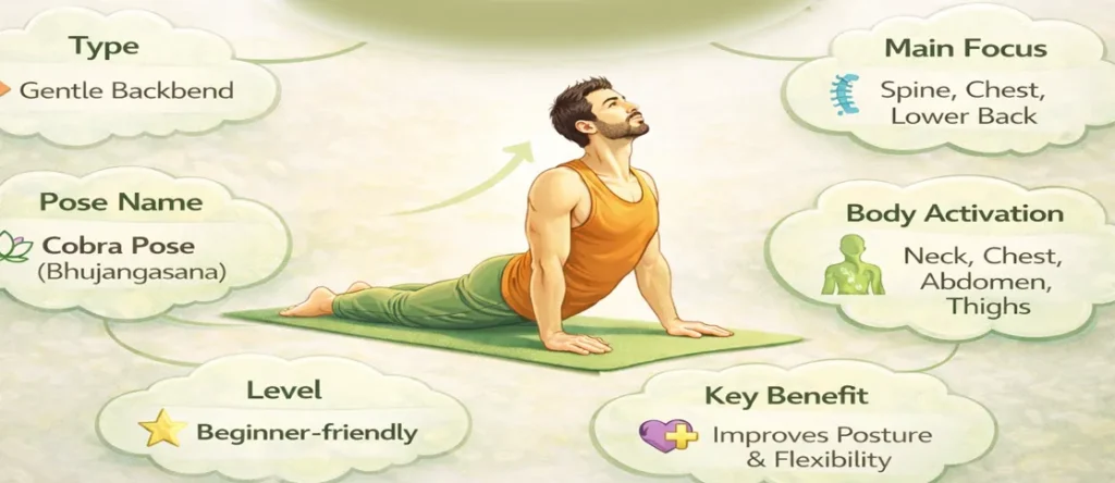 Cobra Pose for Beginners showing spine, chest and lower back activation
