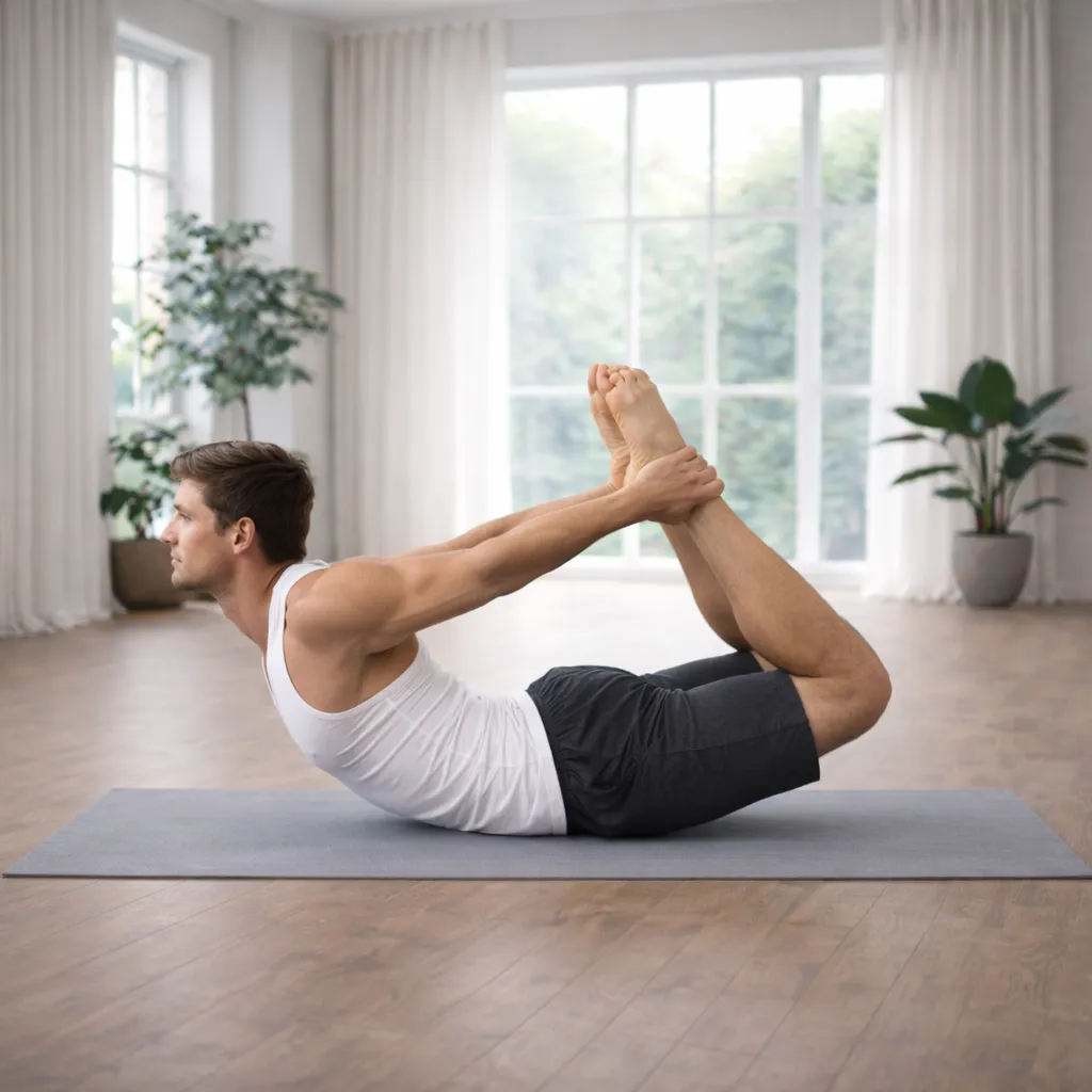 Dhanurasana deep bow pose improving spinal flexibility and strength