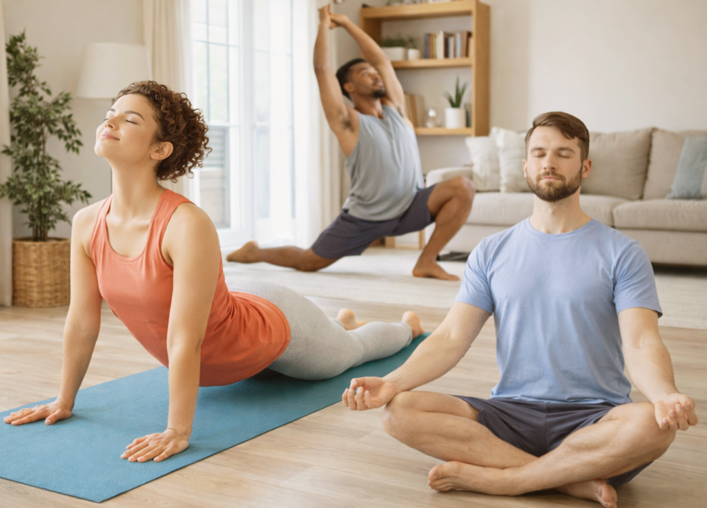 Beginner yoga poses for flexibility, posture, and relaxation at home