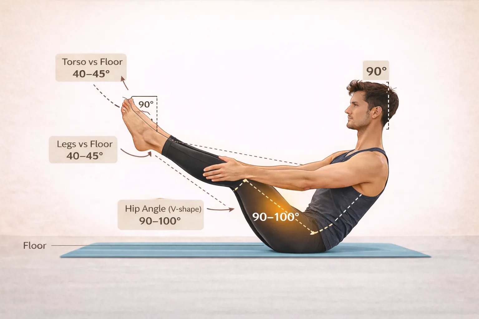 Correct alignment in Naukasana yoga pose.