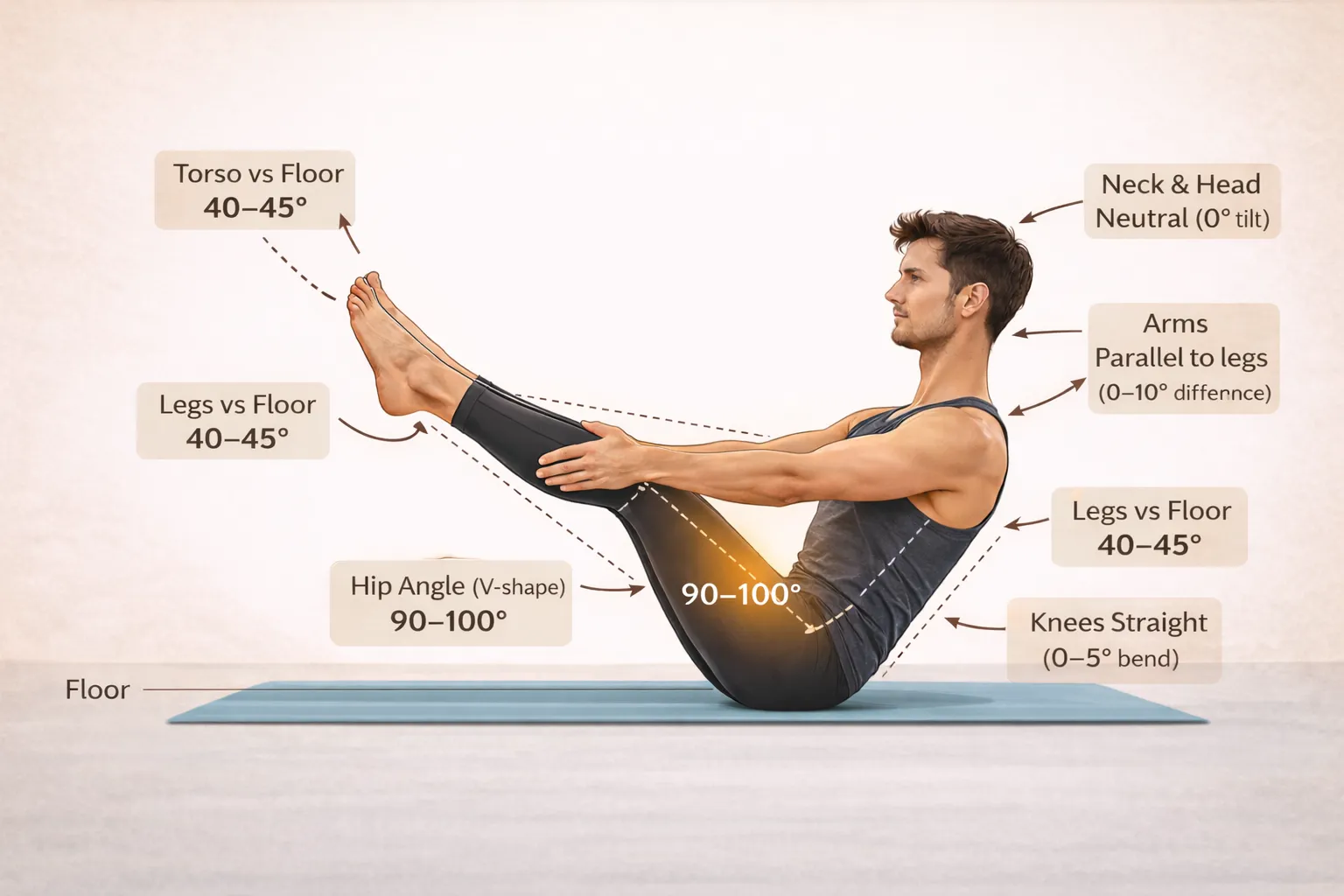 Naukasana (Boat Pose) showing correct body alignment and core engagement.