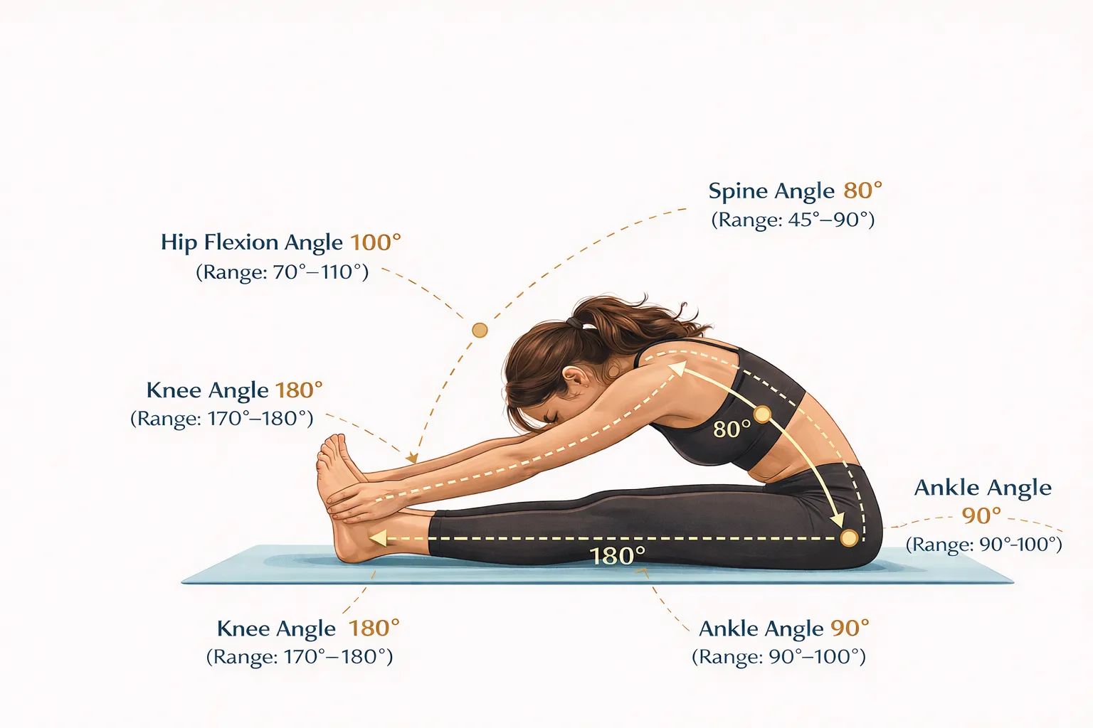 Paschimottanasana seated forward bend illustration showing correct body alignment and joint angles in degrees