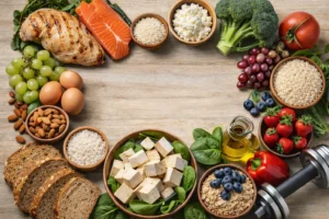 power foods for muscle growth including chicken, fish, eggs, grains, fruits and vegetables