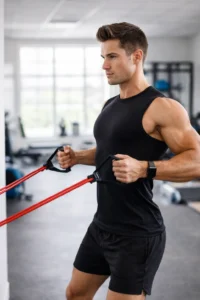 Beginner doing resistance band rows for back strength
