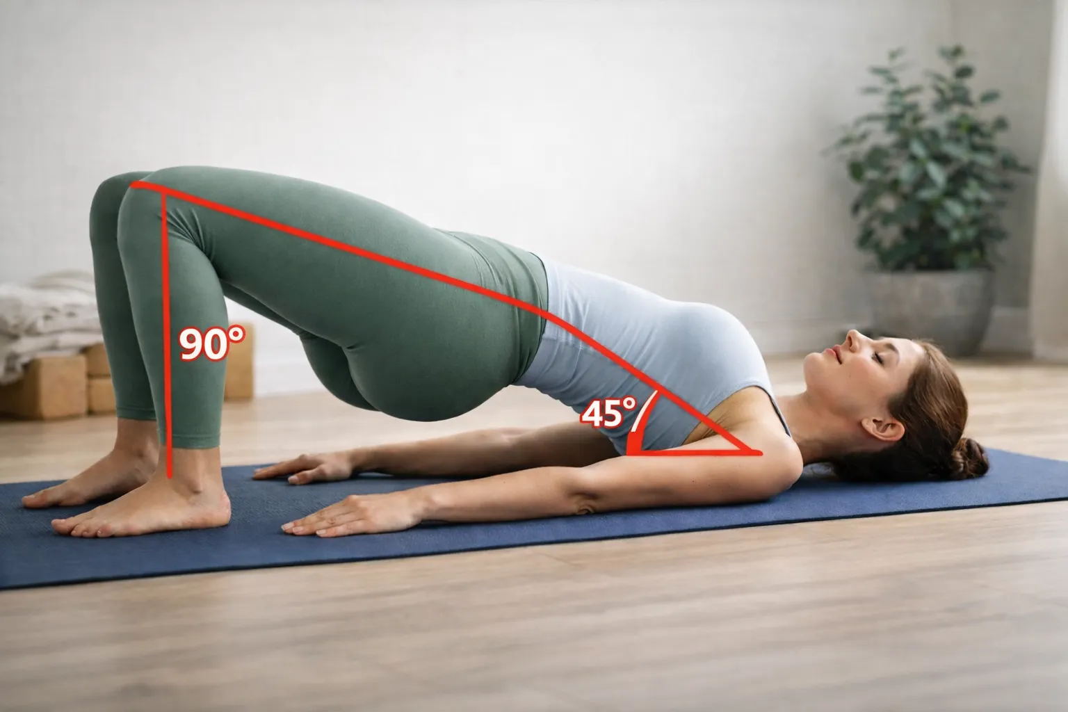 Bridge Pose alignment showing correct hip, knee, and spine position
