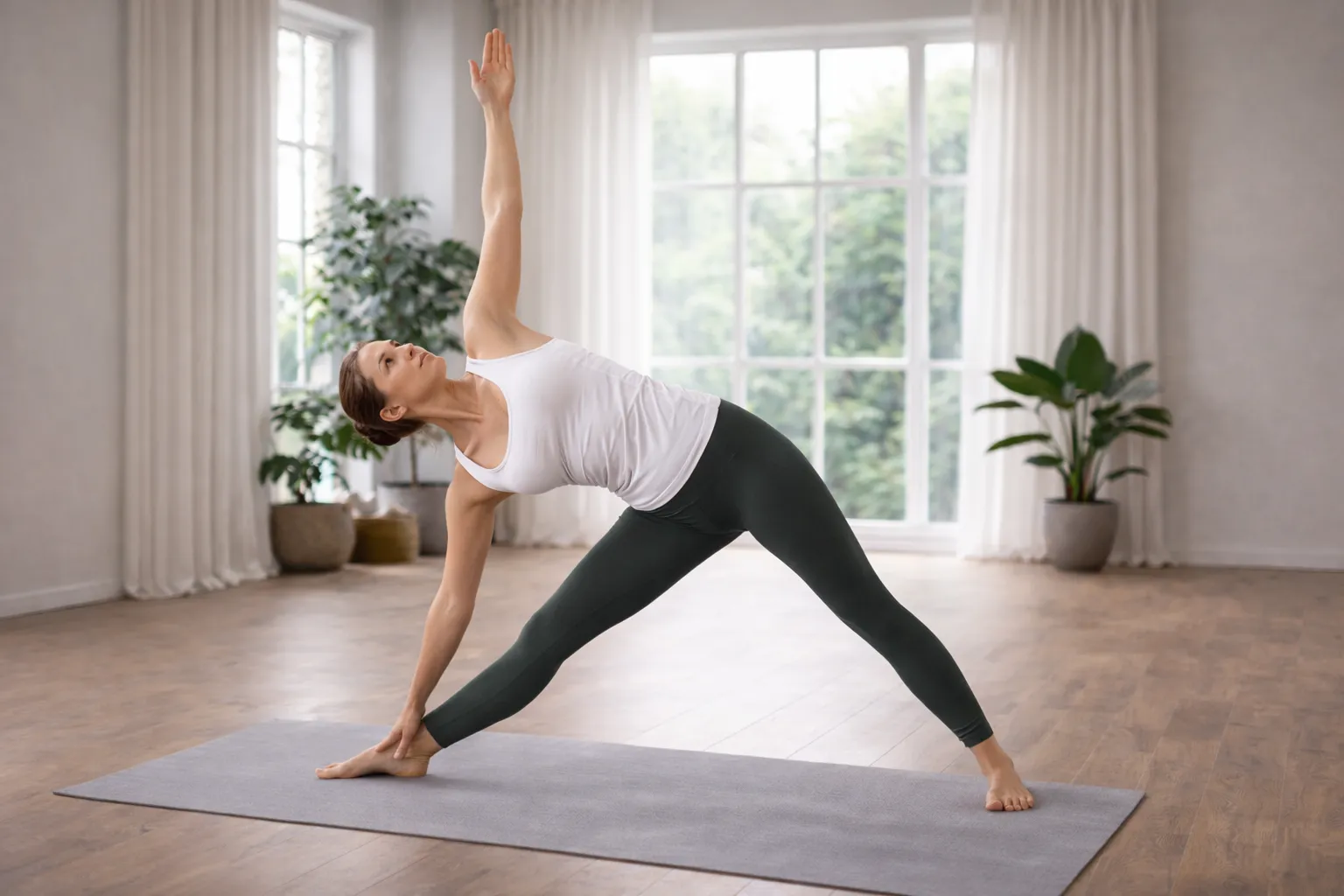 Trikonasana triangle pose stretching spine hips and legs