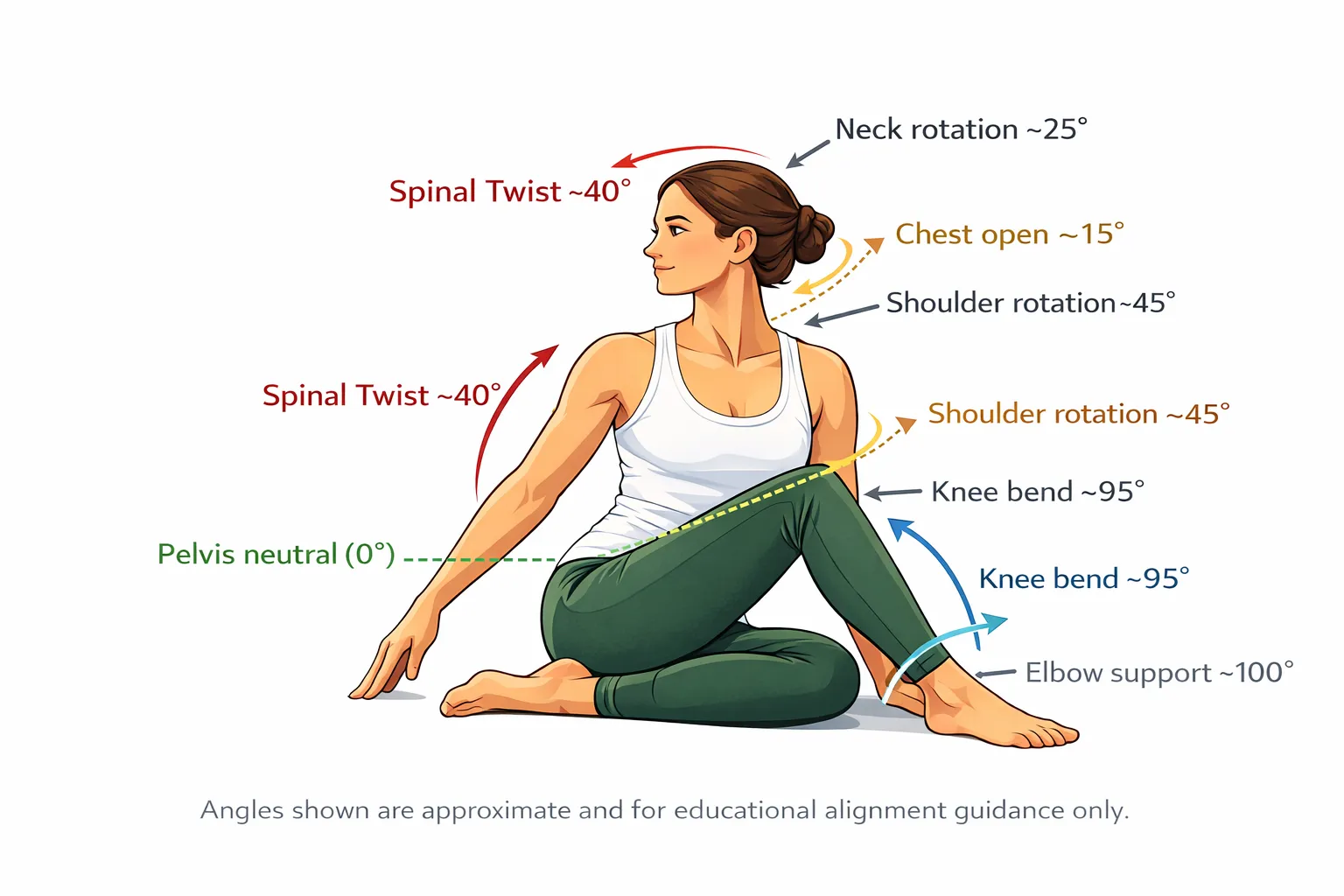 Ardha Matsyendrasana alignment with spinal twist angles for beginners