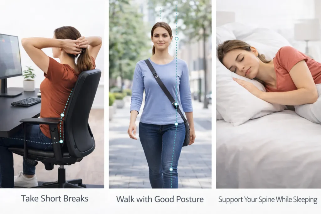 daily posture habits including stretching breaks walking posture and proper sleeping position