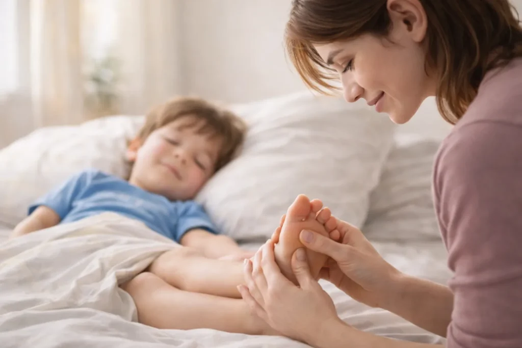 Mother gently giving a foot massage to her child in the morning to help wake up calmly