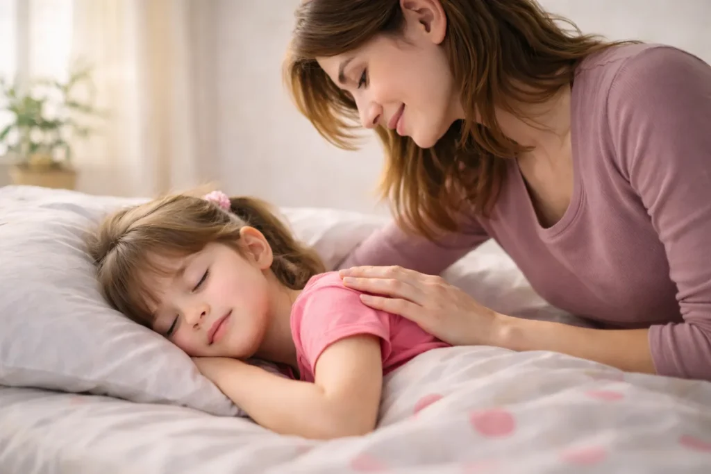 Mother gently touching her daughter’s shoulder to wake her up peacefully in the morning