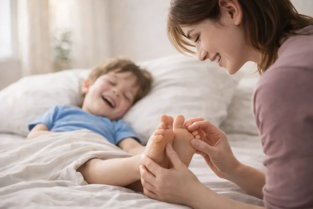 Mother lightly tickling her child’s feet to wake them up in a happy and playful way