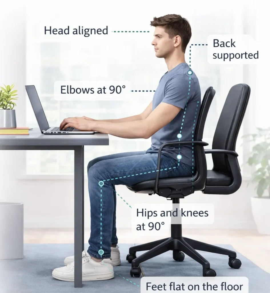 correct sitting posture at desk with proper back support and screen height