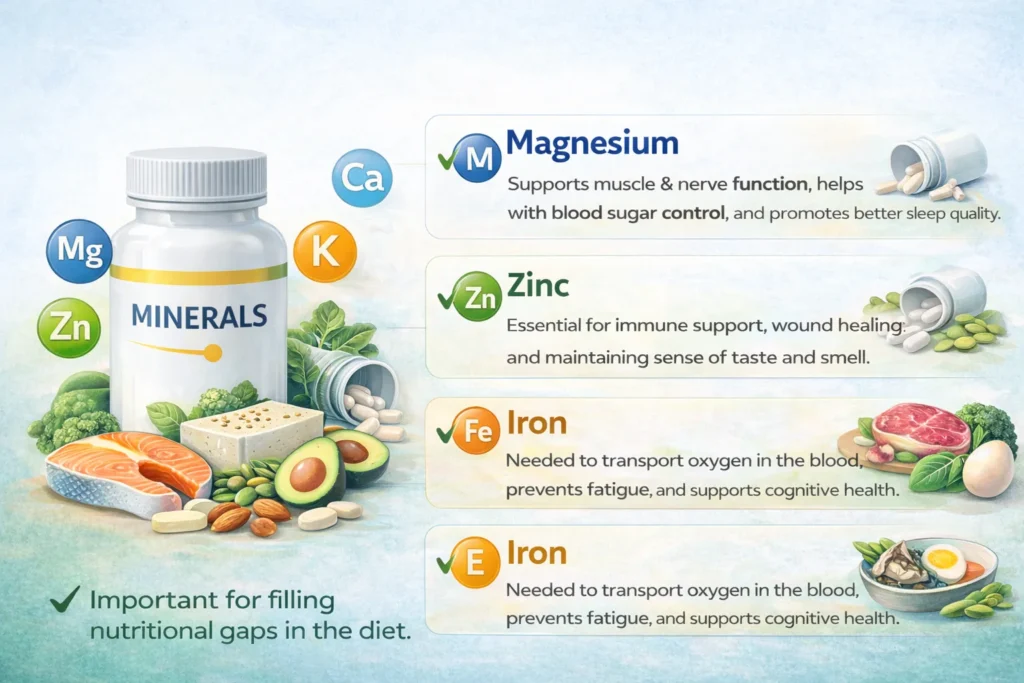 essential vitamin supplements including vitamin D3, B complex, vitamin C, and iron for health support