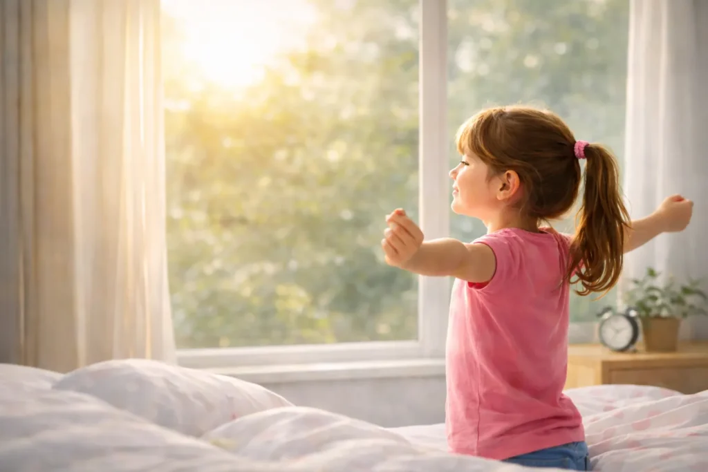 Young girl stretching near a window with natural morning sunlight to wake up naturally