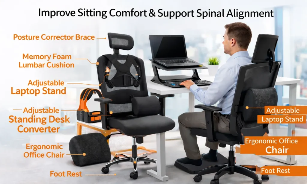 Ergonomic posture improvement desk setup with chair and accessories