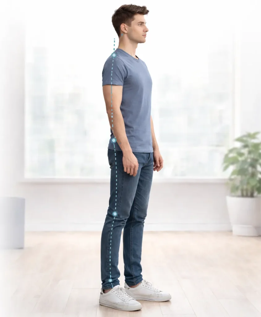 man standing in correct posture alignment showing natural spine position