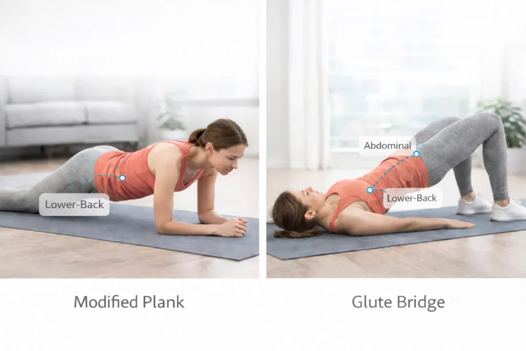 woman doing plank and glute bridge exercises to strengthen posture muscles