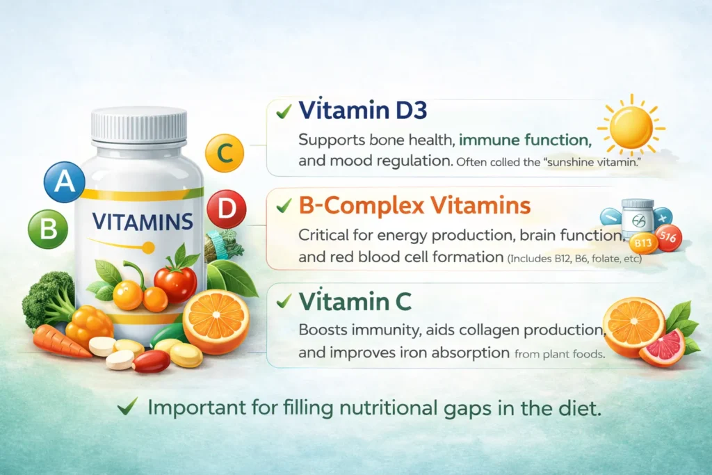 vitamin D3, B complex, and vitamin C supplements for immunity and health support