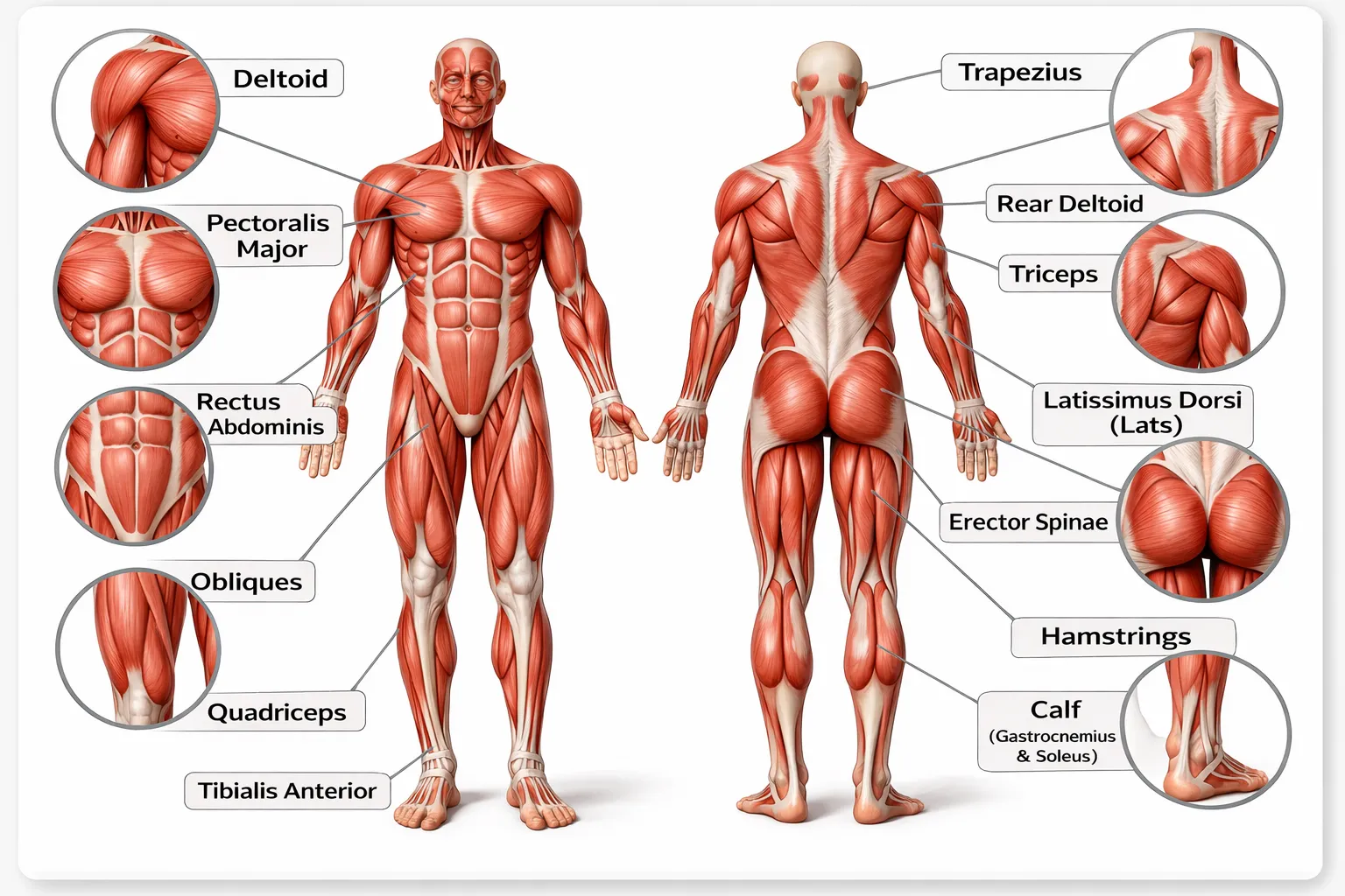 Human body muscle anatomy front and back