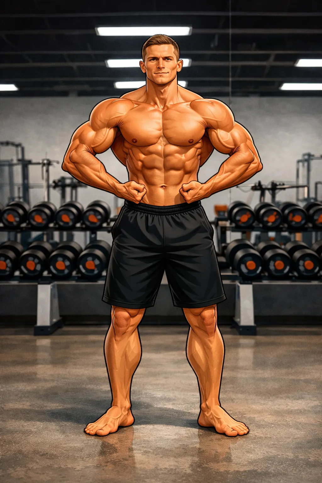 Muscular man showing balanced shoulder development and overall upper body strength in gym