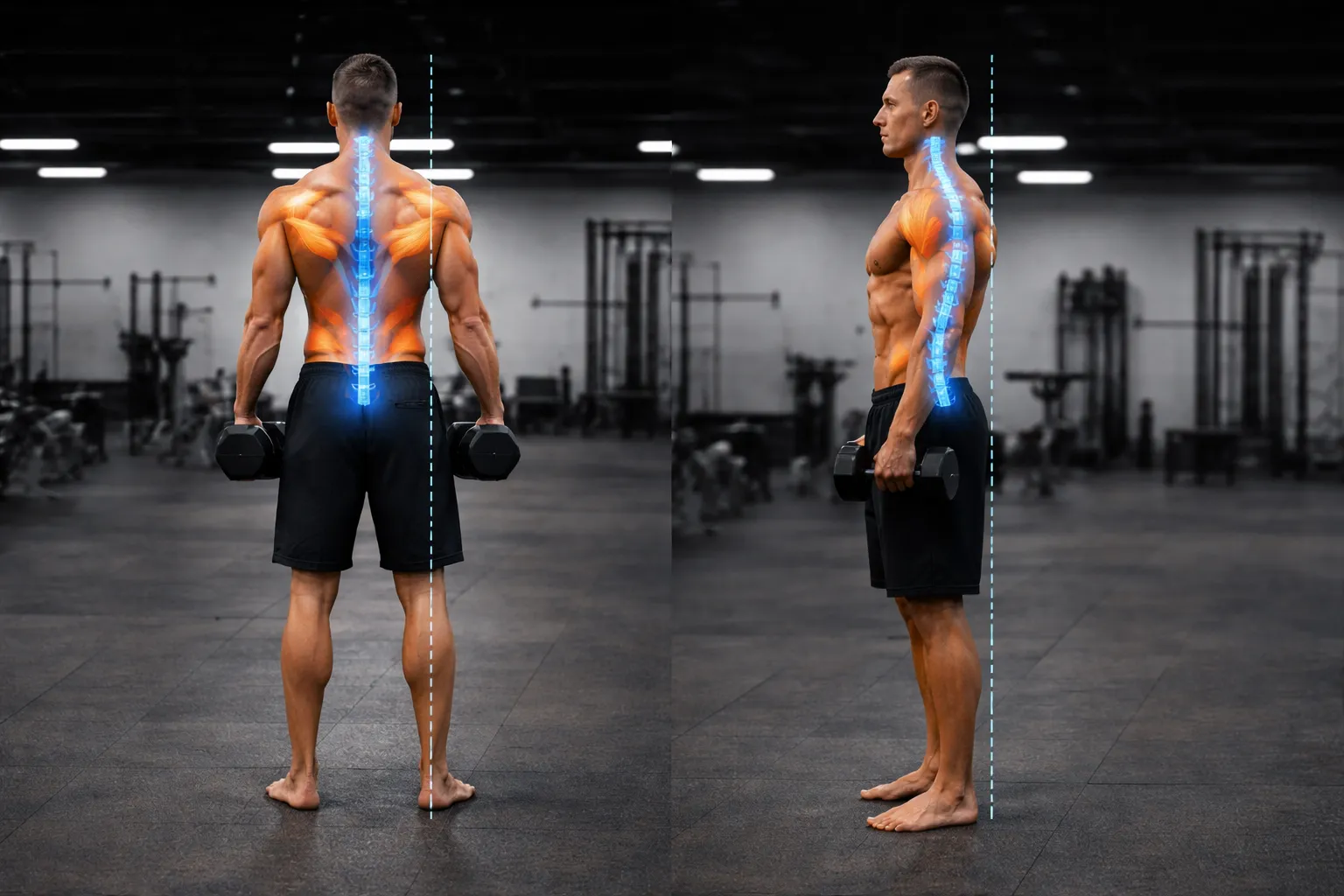 Back and shoulder muscles highlighted showing improved posture and upper body stability in gym