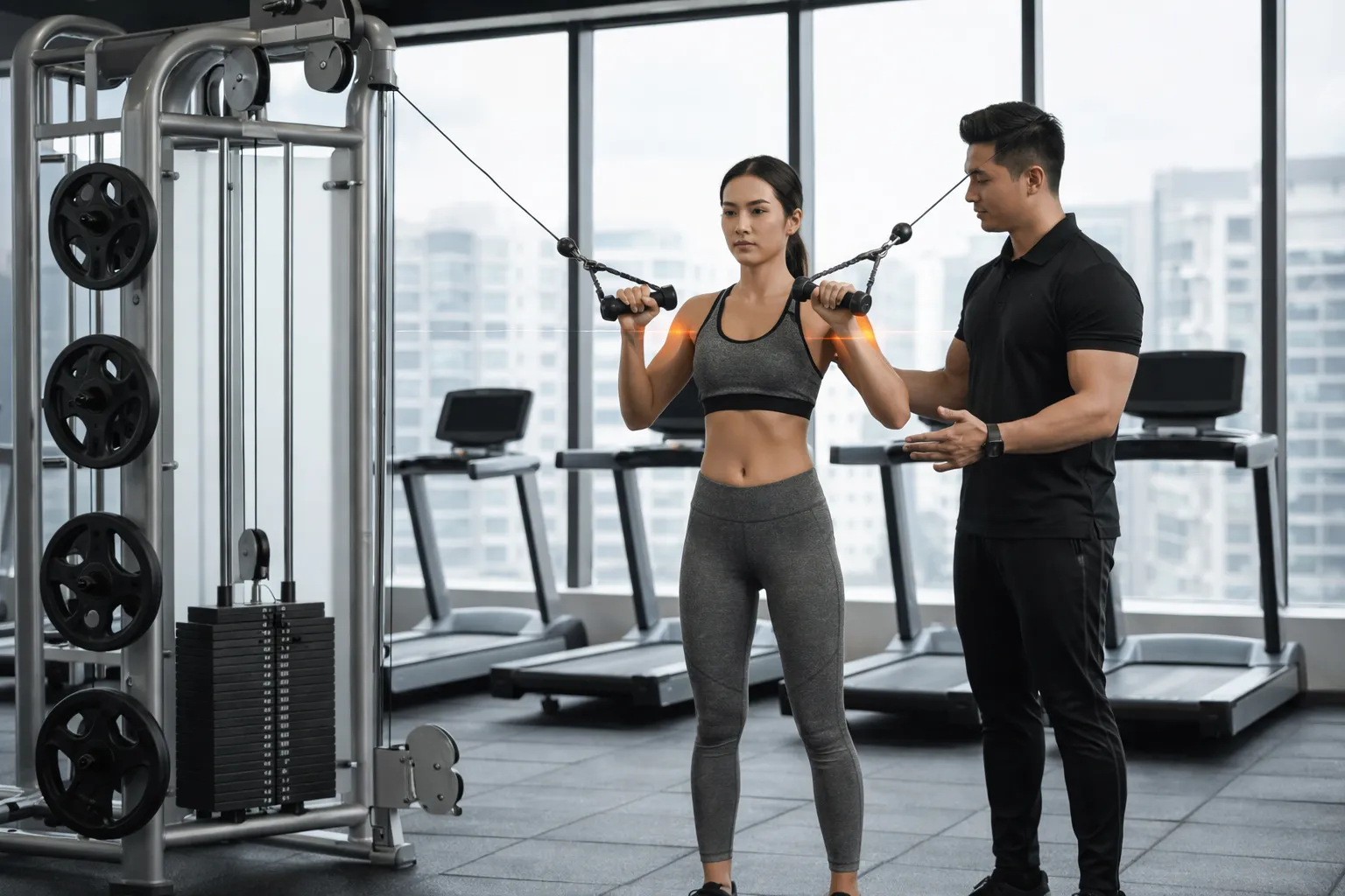 Beginner performing rope cable exercise with trainer guidance for safe shoulder workout