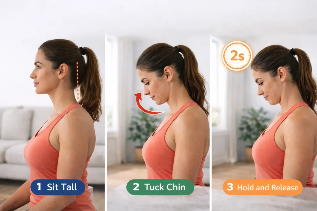 chin tuck exercise to reduce neck strain and text neck