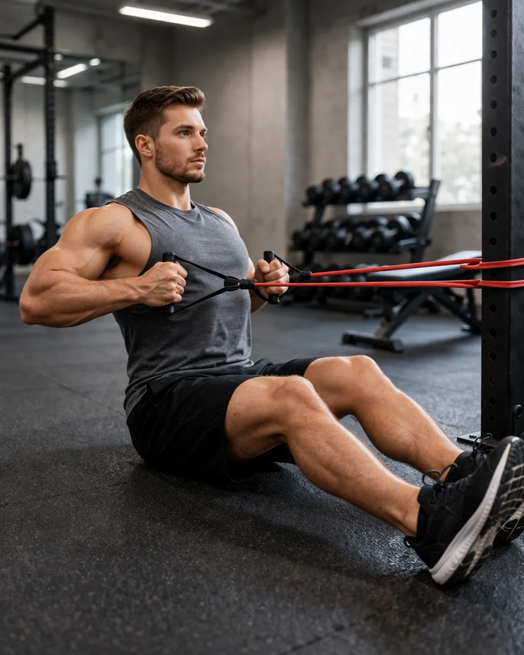 Man using a resistance band for a muscle-building back workout