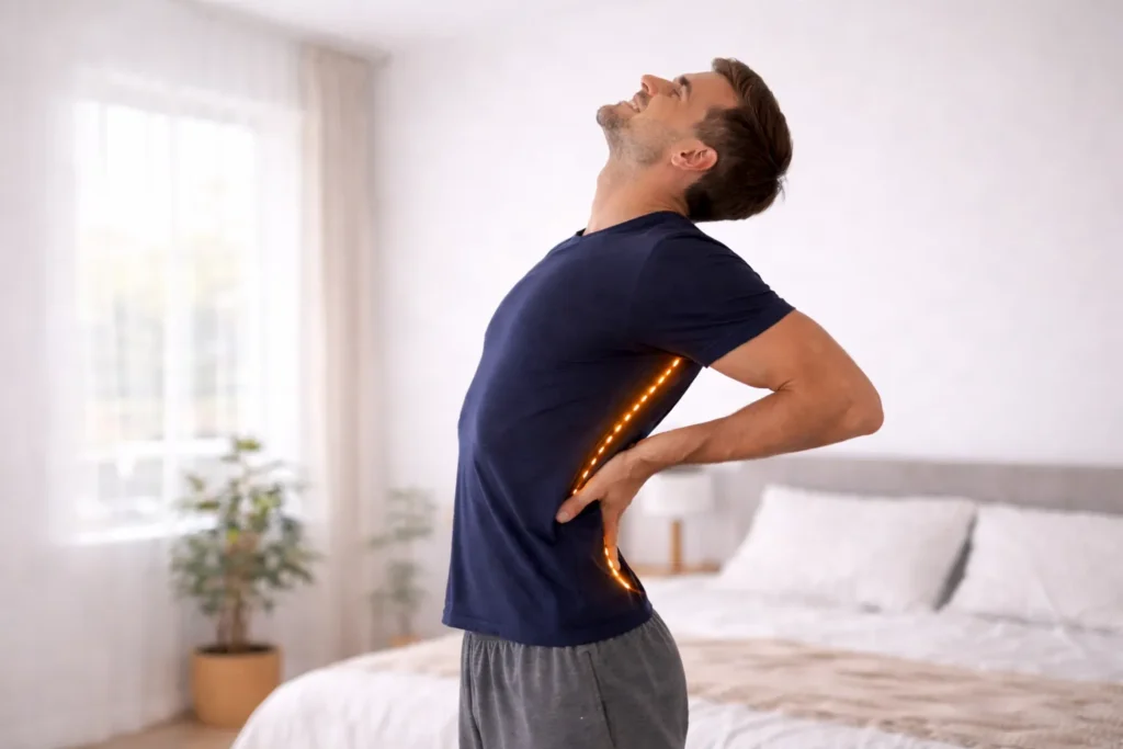 simple standing back stretch exercise to reduce back stiffness