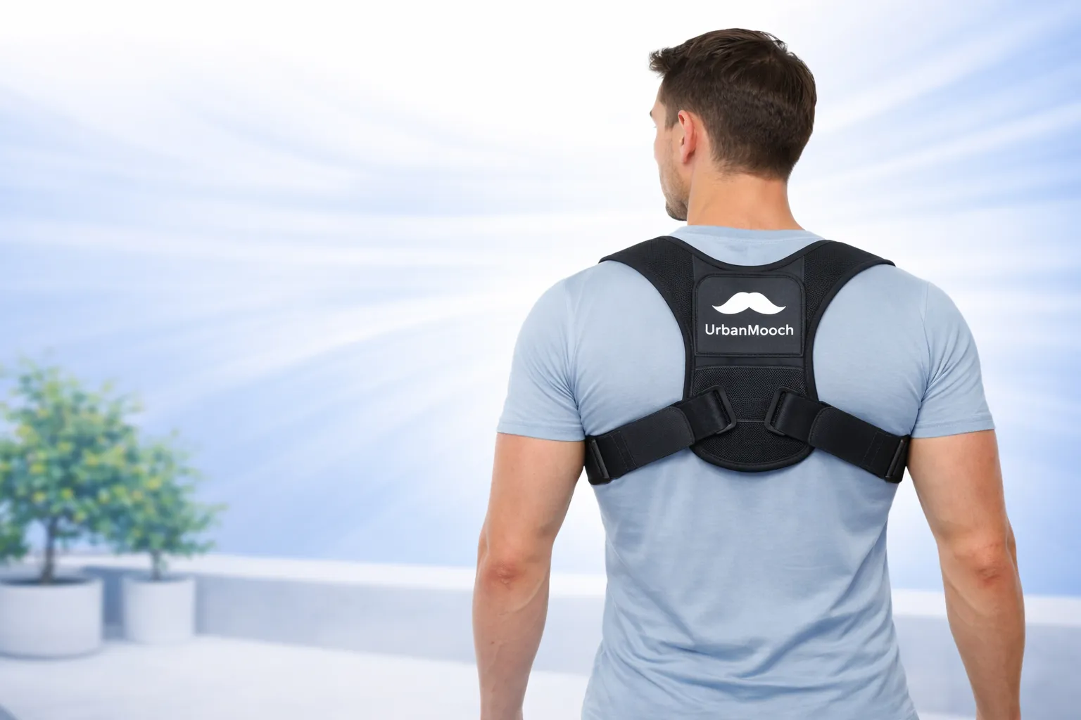 person wearing posture corrector belt while working at desk