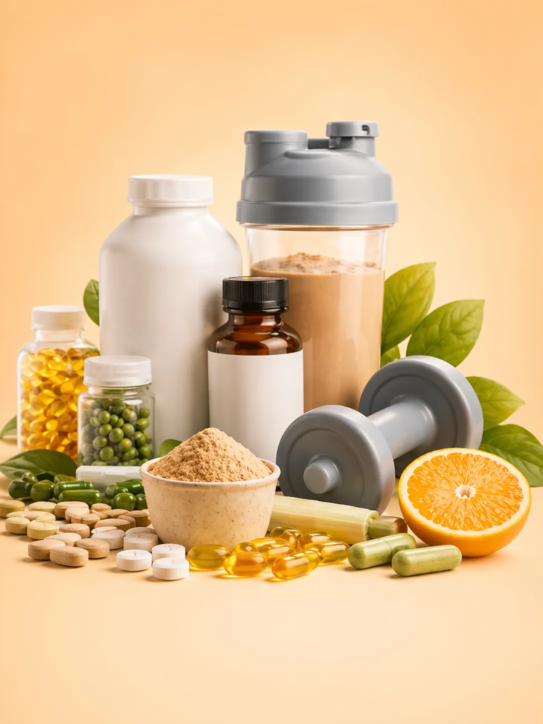 Health supplements protein powder vitamins and capsules on table