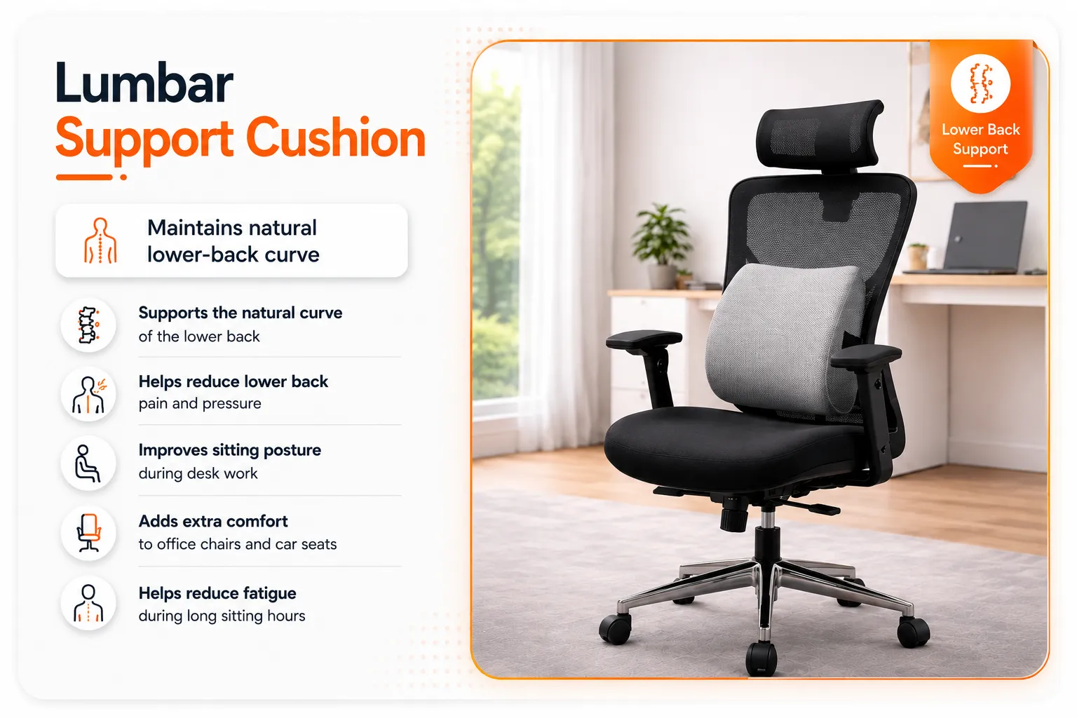 Lumbar support cushion attached to an ergonomic office chair for lower back pain relief and improved sitting posture