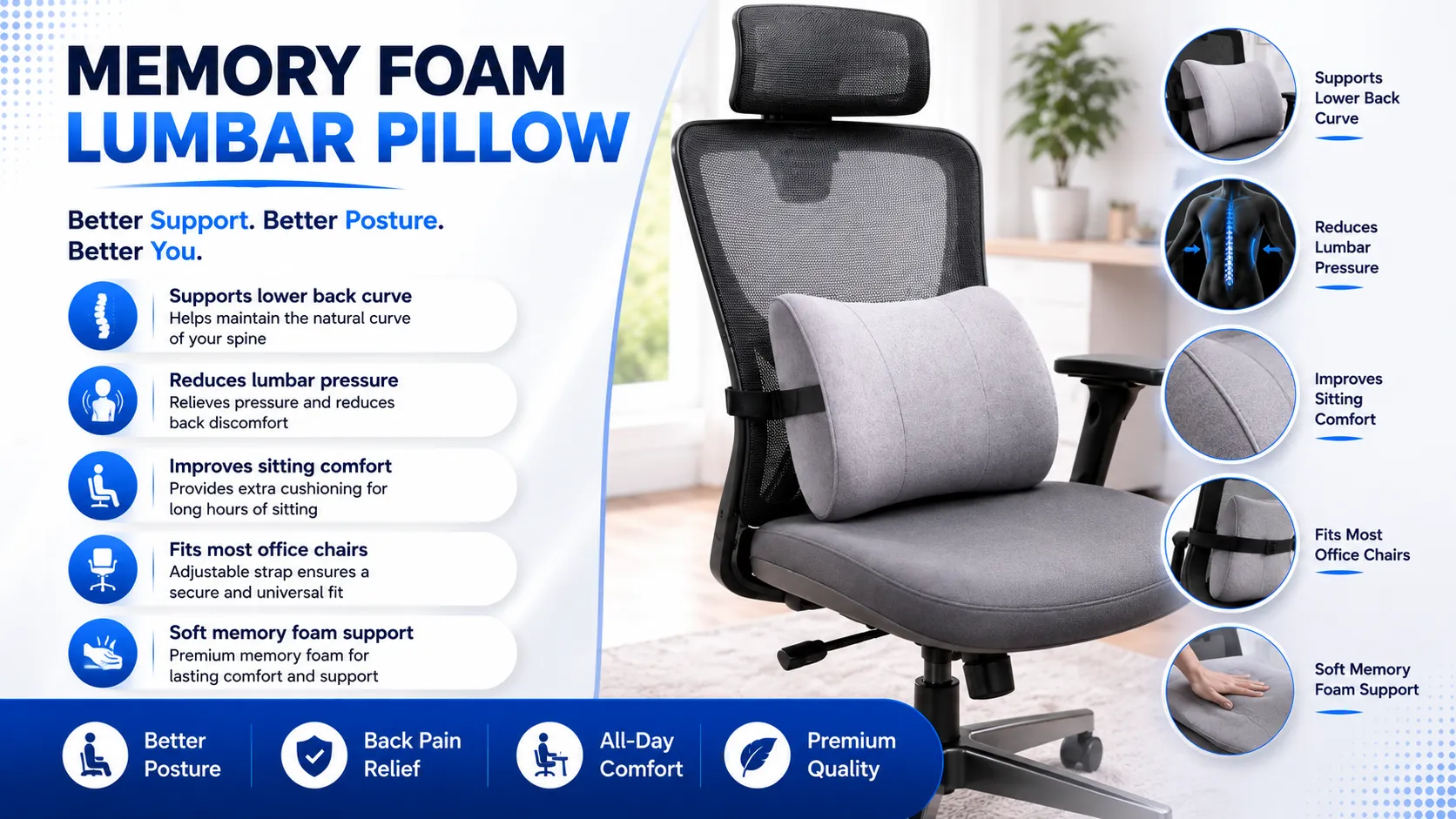 Memory Foam Lumbar Pillow for Back Support
