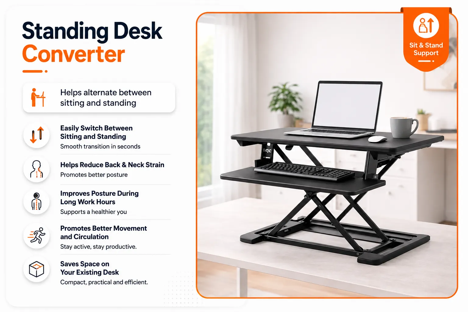 Standing desk converter with adjustable sit-stand workstation for better posture and reduced back pain