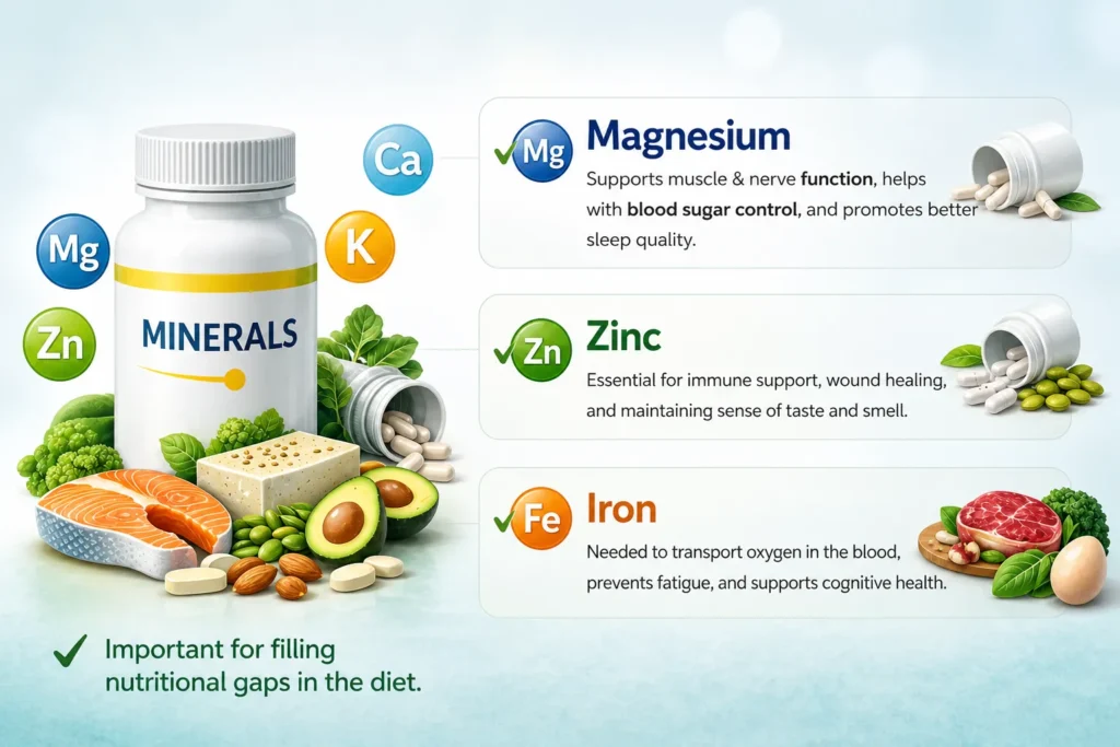 Magnesium, zinc, vitamin B complex, vitamin C, and iron supplements for health support.