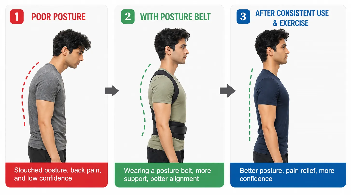 Posture correction journey with a posture belt and exercise.